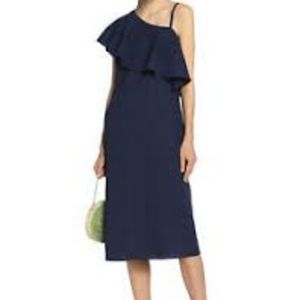 M.i.h One Shoulder Dress Ruffle Collar Linen Cotton Blend Midi